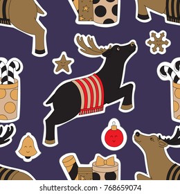 Doodle stickers for Christmas vector illustration. The gifts and the reindeer. Blue seamless pattern background.