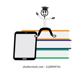Doodle stickfigure with black graduate cap sitting on books near tablet
