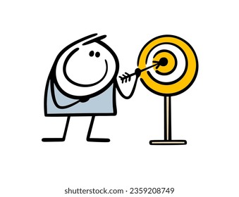 Doodle stickman boy takes an arrow out of the target. Vector illustration of a purposeful man shooting a bow and hitting the bullseye. Funny person isolated on white background.