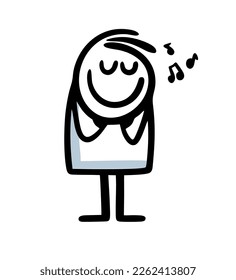 Doodle stickman with closed eyes listen to music with pleasure. Vector illustration of teenager.