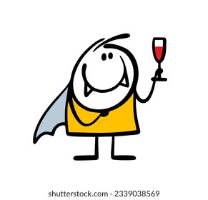 Doodle stickman dressed as Count Dracula holds a glass of red wine. Vector illustration of a cartoon vampire with fangs drinking human blood Halloween. Funny character isolated on white background.