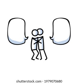 Doodle stickman of friend hugging. Group embrace together support vector cartoon with speech bubble.
