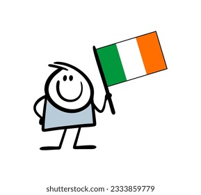 Doodle stickman holding big flag of Ireland and smiles. Vector illustration of irish  person prouds of his country and welcome to visit. Hand drawn cartoon stick man tour guide for tourists.