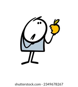 Un palo de Doodle sostiene una manzana mordida sin sabor. Imagen vectorial de un niño y comida saludable de un árbol en el jardín. Persona divertida aislada de fondo blanco.