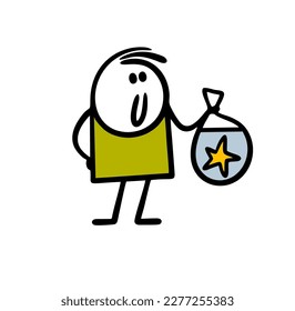 Doodle stickman holds a plastic bag with water and starfish from the ocean. Vector illustration of sea aqua animal in aquarium.