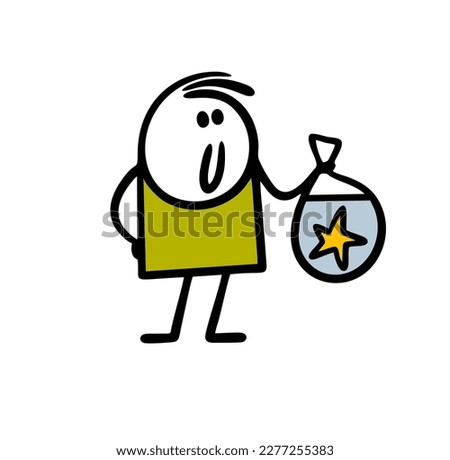 Doodle stickman holds a plastic bag with water and starfish from the ocean. Vector illustration of sea aqua animal in aquarium.
