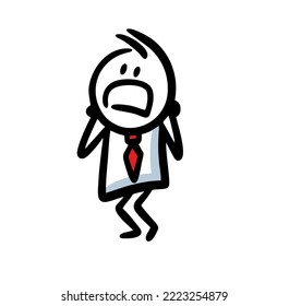 Doodle stickman office employee  shouting in horror. Vector illustration of funny man  in blue costume and red tie isolated on white background.