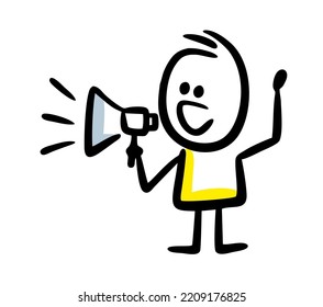 Doodle stickman saying through the loudspeaker. Vector illustration of funny human sketch.