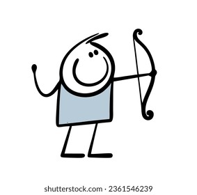 Doodle stickman sportsman  holds a sports tool and shoots an arrow. Vector illustration of cartoon archer, bow and marksmanship competitions. Cute character isolated on white background.