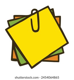 Doodle sticky note papers with paperclip icon, hand drawn with thin black line