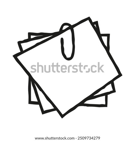 Doodle sticky note papers with paperclip icon, hand drawn with thin black line