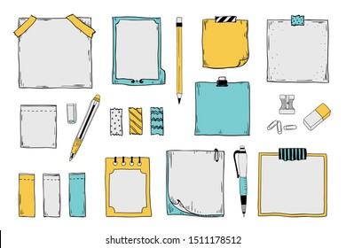 Doodle Sticky Notes. Notepad Paper Sheets And Stickers With Pen Pencils And Pins, Colored Graphic Set. Vector Hand Draw Paper Sticky Tags Banners On White Background