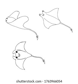 Juego de Doodle Stingray. dibujado a mano de una cometa aislada en un fondo blanco. Ilustración del vector