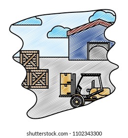 doodle store with delivery wood boxes and forklift