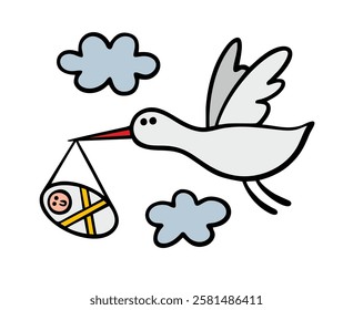 Doodle stork flies in the sky among the clouds and carries the baby. A vector bird in a fairy tale gives a newborn newborn to its parents. Isolated cartoon  character on white background.