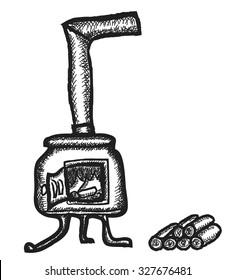 doodle stove and firewood, vector illustration