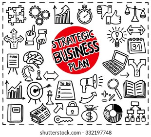 Doodle Strategic Business Plan Set. Freehand Doodle Icons Set. Handdrawn Icons: Arrows, Diagrams, Puzzle Pieces, Thumb Up, Key To Success Concept, Doodle Light Bulb Idea And More. Vector Illustration