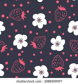 Doodle strawberries and flowers seamless pattern. Perfect for T-shirt, textile and prints. Hand drawn vector illustration for decor and design.

