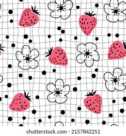 Doodle strawberries and flowers seamless pattern on grid distorted background. Hippie aesthetic print for fabric, paper, T-shirt. Groovy summer vector illustration for decor and design.