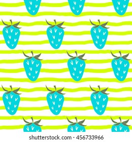 Doodle strawberries on stripy background. Seamless pattern.