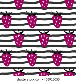 Doodle strawberries on stripy background. Seamless pattern.