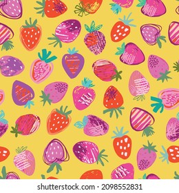 Doodle Strawberries seamless pattern, hand drawn berries on yellow background
