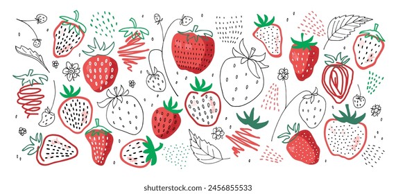 Doodle Strawberries sketch. Red Green Berry set isolated on white background. Vector sweet berries organic food. Summer tropical elements cartoon style for nursery, print, menu, advertisings, store.