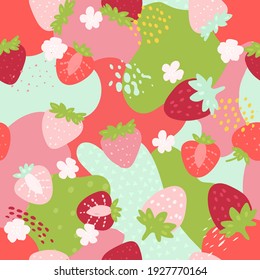 Doodle strawberry and abstract elements. Vector seamless pattern. Hand drawn illustrations.