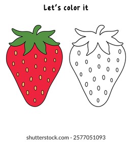 Doodle strawberry coloring pages worksheets for kids activity printable. Trace and color Strawberry. Strawberry fruit flashcards. Strawberry clipart vector isolated on white background.