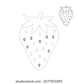 Doodle strawberry coloring pages worksheets for kids activity printable. Trace and color Strawberry. Strawberry fruit flashcards. Strawberry clipart vector isolated on white background.