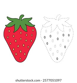 Doodle strawberry coloring pages worksheets for kids activity printable. Trace and color Strawberry. Strawberry fruit flashcards. Strawberry clipart vector isolated on white background.