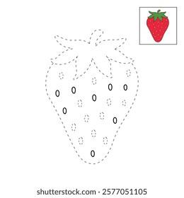 Doodle strawberry coloring pages worksheets for kids activity printable. Trace and color Strawberry. Strawberry fruit flashcards. Strawberry clipart vector isolated on white background.