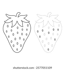 Doodle strawberry coloring pages worksheets for kids activity printable. Trace and color Strawberry. Strawberry fruit flashcards. Strawberry clipart vector isolated on white background.