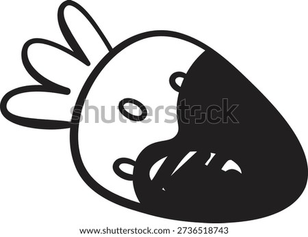 Doodle strawberry half dipped in chocolate with bold outline and playful seeds. Sweet indulgence symbolizes romance, treat, dessert craving, and gourmet reward. Cartoon vector illustration.