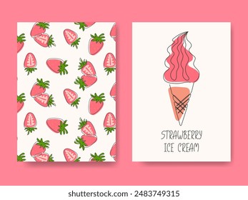 Doodle Strawberry sorbet ice cream waffle cone. Cute Abstract one line drawn summer sweet dessert on white background and Berry pattern backgrounds set. Template for poster, package, menu design