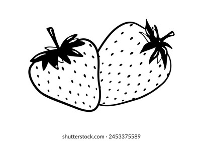 Doodle strawberry vector illustration. Two cross elements. Black hand drawn abstract fruit with leaves. Sketch berry drawing
