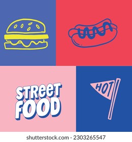 Doodle street food illustration set. Vector design hand drawn.