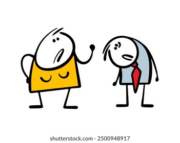 Doodle strict wife scolds her husband. Vector illustration of  abusive woman. Poor funny man in  blue business suit bowed his head, sorry. Isolated stickman characters on white background.