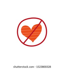 Doodle Strike Through Red Heart Icon Isolated On White Background.