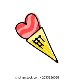 Doodle striped pink ice cream in waffle cone in the shape of a heart isolated on white background. Hand-drawn outline sweet cold dessert for party, birthday, Valentines Day. Vector food illustration