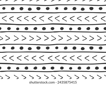 Doodle striped seamless Pattern. Arrow, line, spot hand drawn endless Linear background. Black and white simple modern illustration. Ink abstract texture for print design