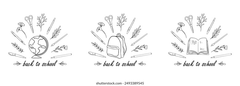 Doodle de suministros para estudiantes con la etiqueta "Volver a la escuela" en el frente para el elemento de diseño. Ilustración vectorial	