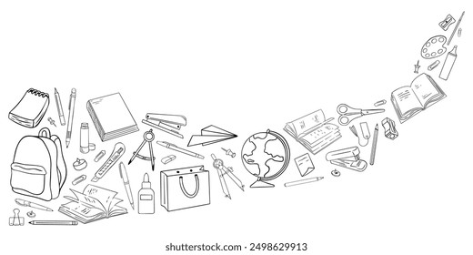 Doodle of student supplies with "Back to School" label in front for design element. Vector illustration.