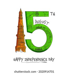 Doodle Style 15th August Text With Qutub Minar Monument On White Background For Happy Independence Day Concept.
