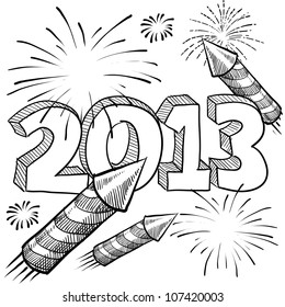 Doodle style 2013 New Year illustration in vector format with retro fireworks celebration background