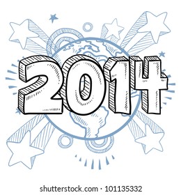 Doodle style 2014 New Year illustration in vector format with retro 1970s shooting stars pop background
