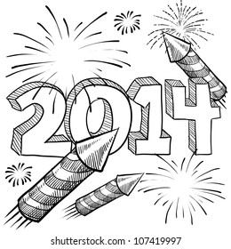 Doodle style 2014 New Year illustration in vector format with retro fireworks celebration background