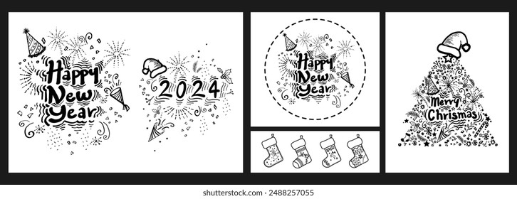 Doodle style 2024 New Year and Christmas Cards Set. Vector Cards Set. Happy new Year and Merry Christmas Hand Drawn Doodle Style Decorative Cards design. Ornamental Isolated Christmas socks elements.