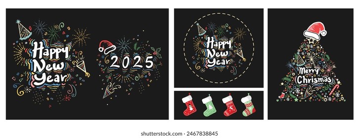 Doodle style 2025 New Year and Christmas Cards Set. Vector Cards Set. Happy new Year and Merry Christmas Hand Drawn Doodle Style Decorative Cards design. Ornamental Isolated Christmas socks elements.