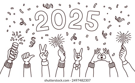 Doodle style 2025 New Year and Christmas Banner with hands. Happy new Year Merry Christmas Hand Drawn Doodle Elements